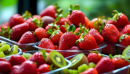 Wall Mural - Vibrant assortment of fresh strawberries, kiwi, and other fruits in clear plastic containers showcasing their colors and freshness