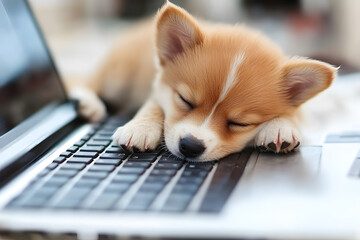 Puppy dog sleeping on the keyboard of an open laptop isolated on background