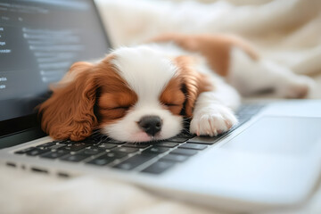 Puppy dog sleeping on the keyboard of an open laptop isolated on background