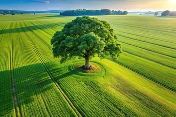 Wall Mural - Aerial view of a lush eco field with oak tree