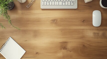 top view wooden desk with office supplies