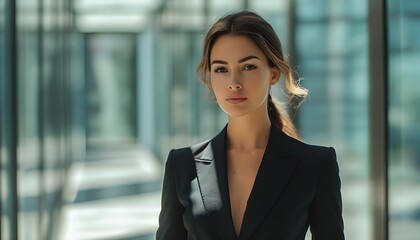 Wall Mural - Confident Woman in Formal Attire Illuminated by Sunlight in Modern Glass Hallway