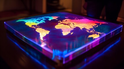 Poster - Stunning holographic display showcasing a vibrant world map with illuminated continents