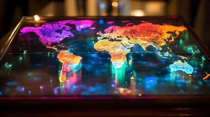 Poster - A visually stunning holographic display featuring a world map with continents illuminated in vibrant eye catching colors