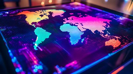 Poster - Futuristic holographic display showcasing a vibrant colorful world map with continents illuminated in a sleek modern digital interface