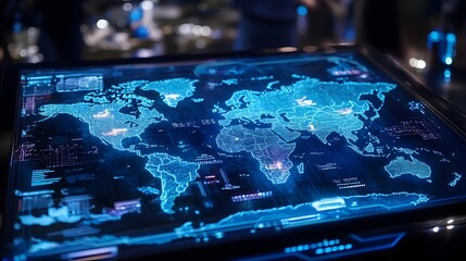 Poster - holographic display of a detailed world map showcasing the borders and major countries across the gl