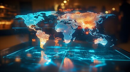 Poster - holographic display of a detailed political world map with clearly marked country borders and capita