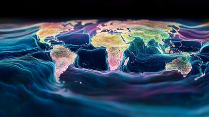 Poster - holographic visualization of a world map displaying ocean currents and global wind patterns showcasi