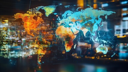 Poster - Holographic Climate World Map Showcasing Global Environmental Data and Climate Zones Across the Planet  Digital Visualization of Temperature Precipitation and Other Atmospheric Conditions