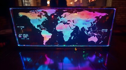 Poster - Holographic world map projection showing time zones across all continents displayed in a modern minimalist digital interface  Futuristic technology visualization concept for global communications