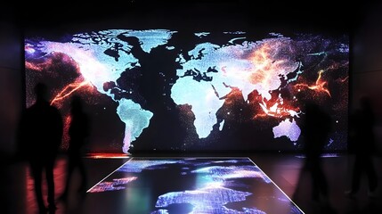 Poster - Holographic world map visualization depicting population density across different regions and continents showcasing data analytics and geographic information in a futuristic digital display