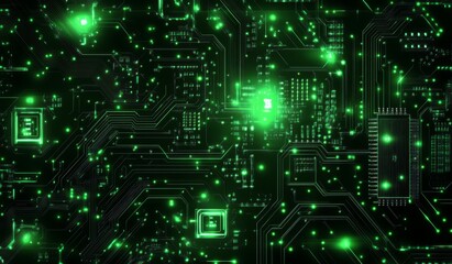 Poster - Abstract glowing green digital circuitry and futuristic techno design