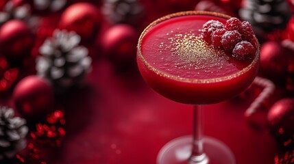 Christmas-themed cocktail with golden glitter lining the rim, traditional Christmas decorations and baubles create a cozy, celebratory atmosphere