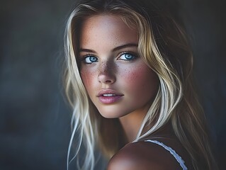 close up portrait of a young woman with blonde hair and blue eyes