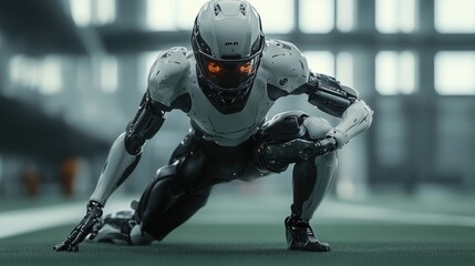 A robot is crouching down on a field