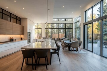 Modern kitchen and dining area with large windows and natural light.