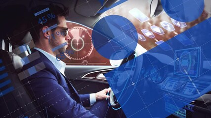 Poster - Driving car, man surrounded by digital data and futuristic animation elements