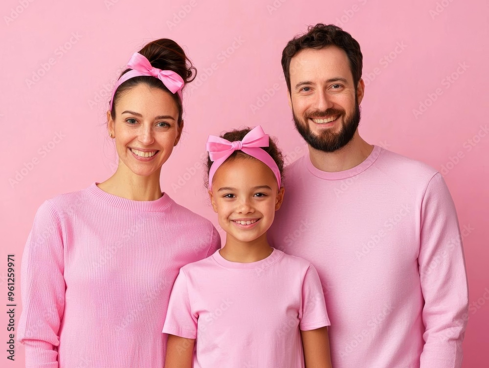 Multi-generational family wearing pink ribbons, together for breast ...