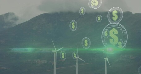 Poster - Wind turbines generating renewable energy with dollar signs animation over mountains