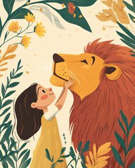 A whimsical illustration of a girl interacting lovingly with a lion amidst vibrant foliage and flowers.