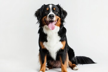 Wall Mural - Happy Bernese mountain dog sitting on a white background and looking at the camera with its tongue out, ai