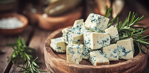 Blue cheese- dor blue or roquefort on a wooden board  commercial advertising photo