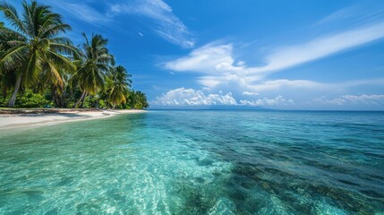 A beautiful blue ocean with palm trees in the background