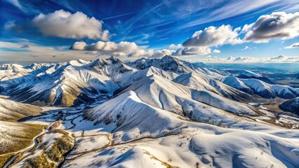 Aerial view of snowy Gran Sasso d Abruzzo mountain in winter