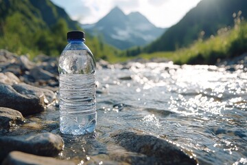 A close-up photo of a water bottle by a river. This photo shows a bottle of water on a rock in the river, a great image for a healthy lifestyle campaign.