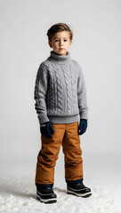 Wall Mural - Boy wearing sweater and snow pants on plan white background