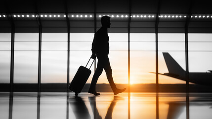 a traveler is walking through the airport terminal, silhouetted against a beautiful sunset. the trav