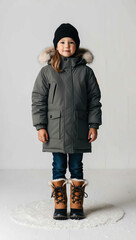 Child wearing parka and winter boots on plan white background