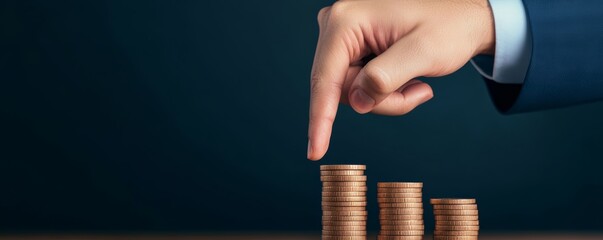 A hand placing a coin on a stack, symbolizing financial growth and investment opportunities in a business environment.