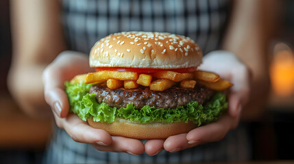 Wall Mural - A person holding a hamburger with fries and lettuce.