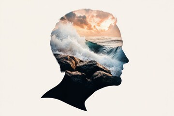 A creative silhouette of a human head filled with scenic ocean waves and sunset, symbolizing thoughts and emotions.