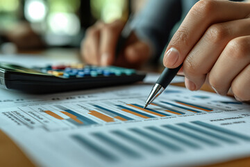 Business team meeting using calculator, working with charts and analyzing business strategies and financial statistics at the desk.