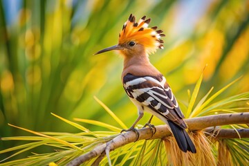 Wall Mural - African hoopoe perched in front of a palm tree at eye level