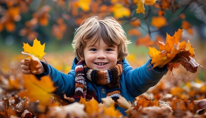 Joyful childhood moments in colorful autumn leaves with a playful little boy enjoying seasonal outdoor adventures