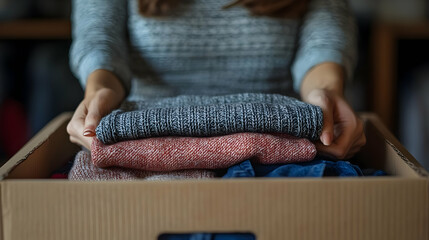 A person holding neatly folded clothes in a cardboard box.