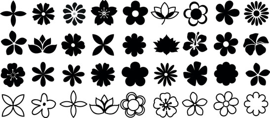 Wall Mural - floral silhouette vector shape, black flowers silhouettes line art. decorative petals, floral icons,