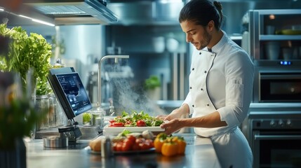 A woman is working in a kitchen with other chefs