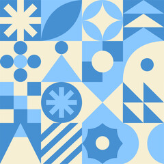Poster - Geometric christmas seamless pattern. Trendy abstract swiss background. Blue and beige colors. Vector illustration