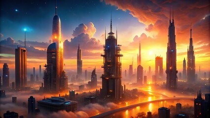 A breathtaking twilight scene of an extraterrestrial cityscape with towering structures, vibrant neon lights, and a warm orange glow on a misty atmosphere.