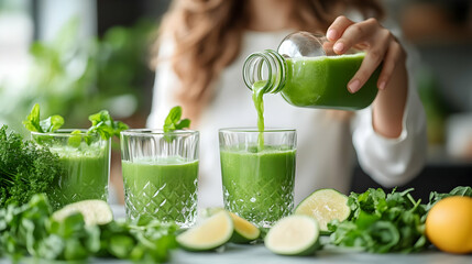 A person pouring green smoothie into glasses with fresh ingredients.