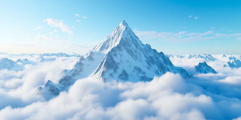 Wall Mural - A majestic snow-covered mountain peak rises above the clouds, with a clear blue sky and surrounding mountain ranges in the background