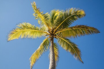 Wall Mural - Coconut palm tree against a blue sky background, creating a serene and tropical atmosphere.