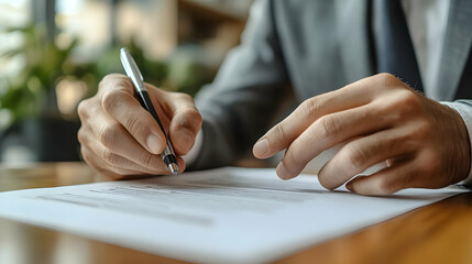 A person signing a document with a pen on a wooden table.