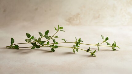 Generative AI Image of Fresh Harvested Green Thyme Leaves Sprig with Light Yellow Wall Background