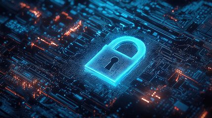 Poster - Cybersecurity digital data protection concept. Digital data security padlock on futuristic circuit board. Digital security system. Abstract futuristic cybersecurity. High technology. Copy space area