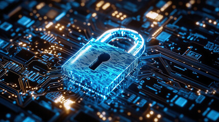 Poster - Cybersecurity digital data protection concept. Digital data security padlock on futuristic circuit board. Digital security system. Abstract futuristic cybersecurity. High technology. Copy space area